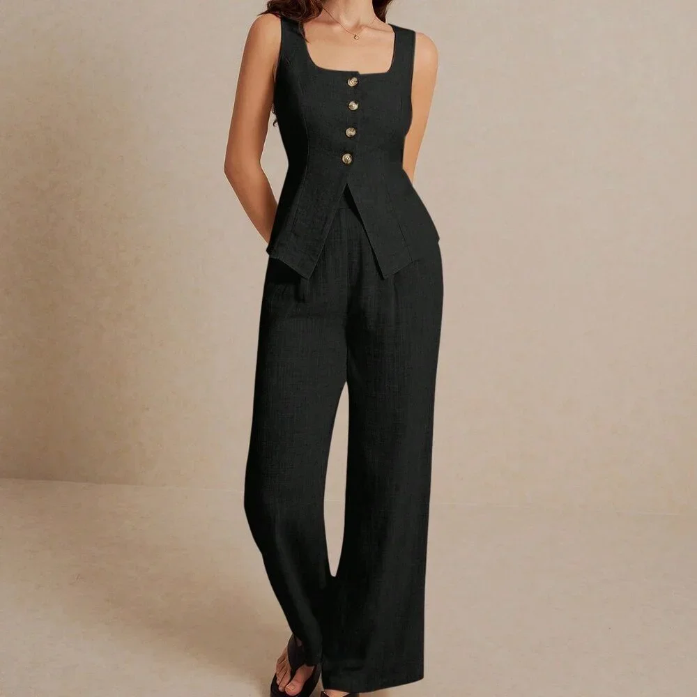 Black Casual Women's Summer Linen Suit Vest Sleeveless Top And Trousers Set - Picture 6 of 8